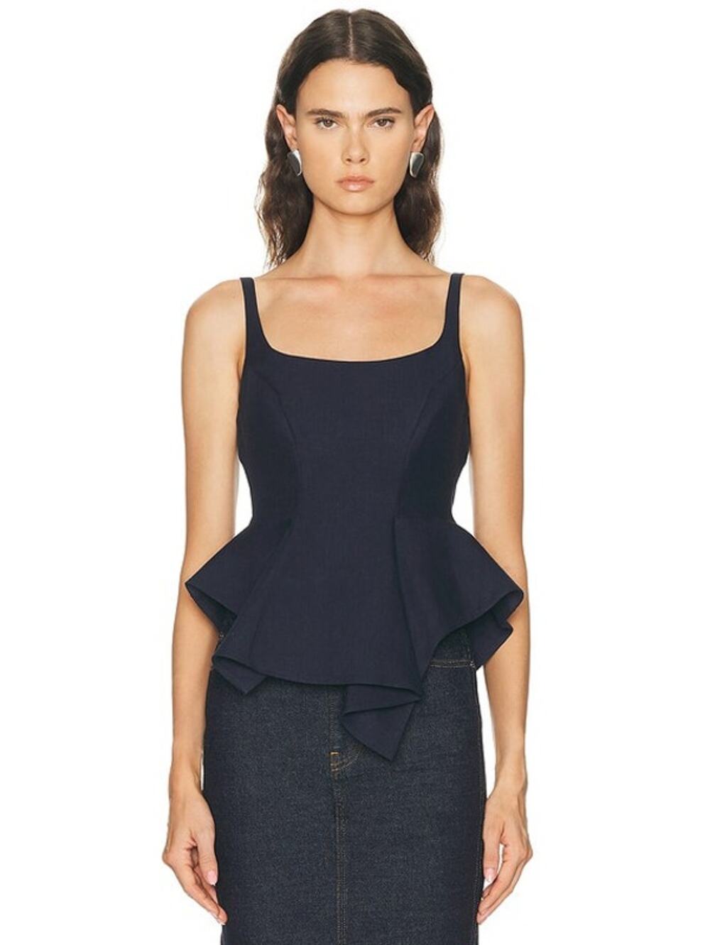 NWT KHAITE Dark Navy Handkerchief Hem Loa Peplum Linen Top Womens 2